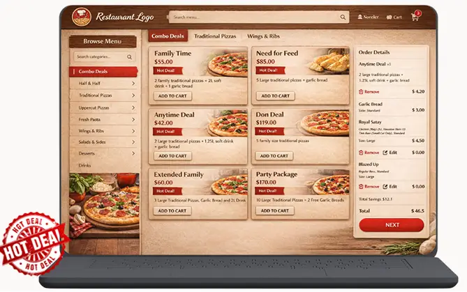Online restaurant ordering system on laptop screen with light background