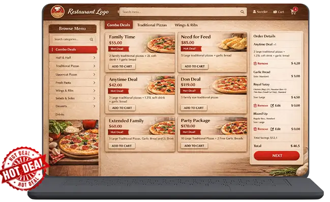 Online restaurant ordering system on laptop screen