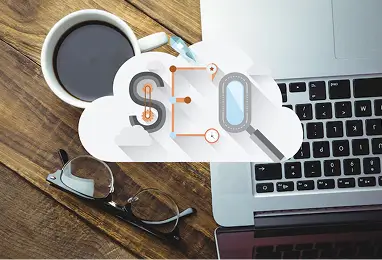 laptop, coffee, cloud with SEO icons